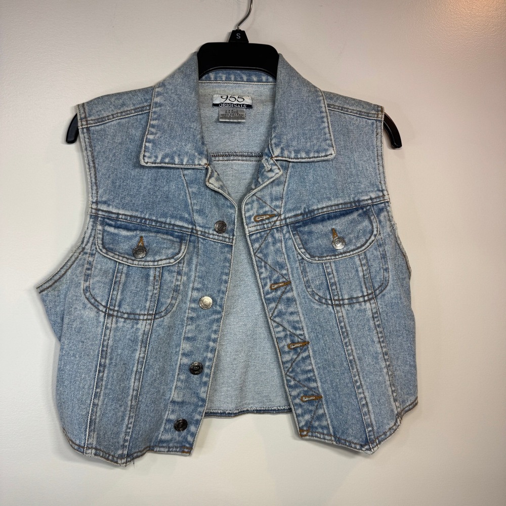 955 Originals Light Wash Denim Vest Womens L Button Front Cropped Y2K Distressed